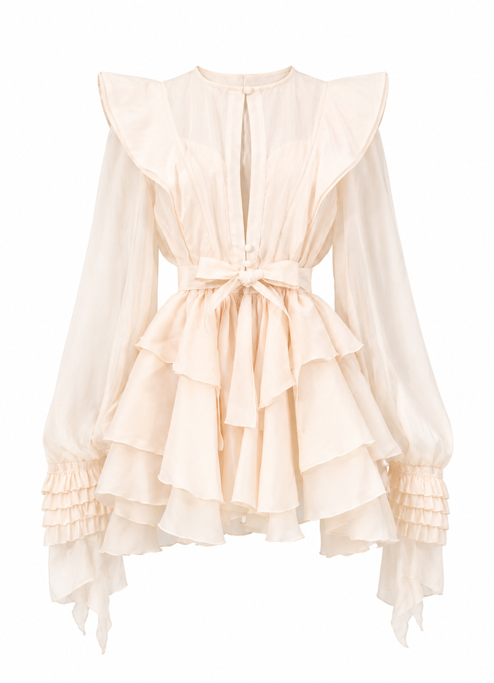 ruffled chiffon mini dress with waist tie – ROSALIE