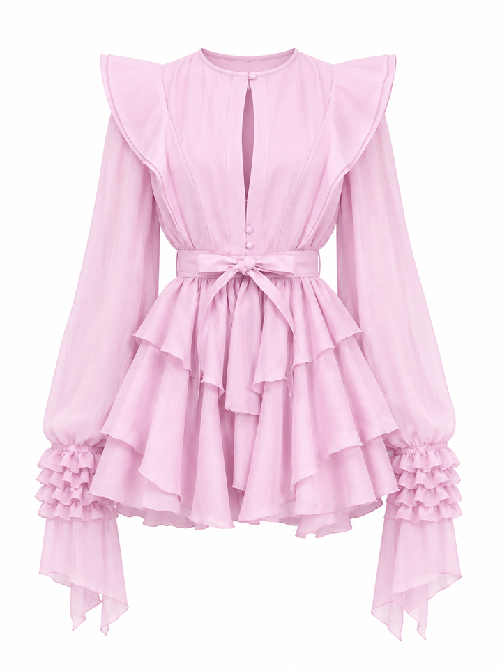 ruffled chiffon mini dress with waist tie – ROSALIE
