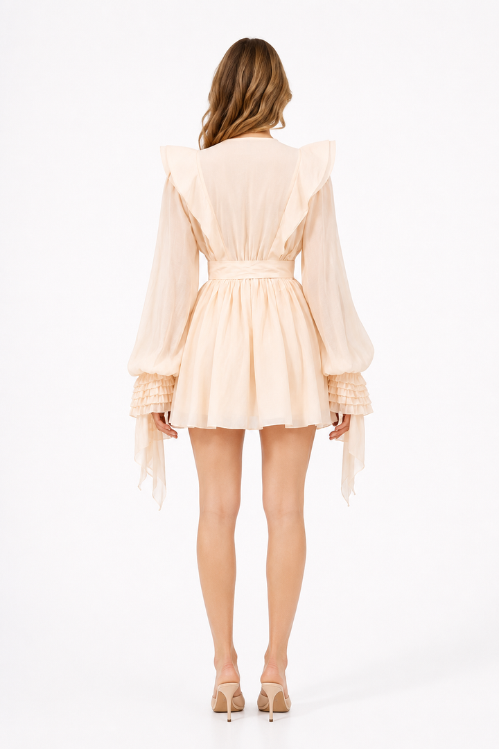 ruffled chiffon mini dress with waist tie – ROSALIE