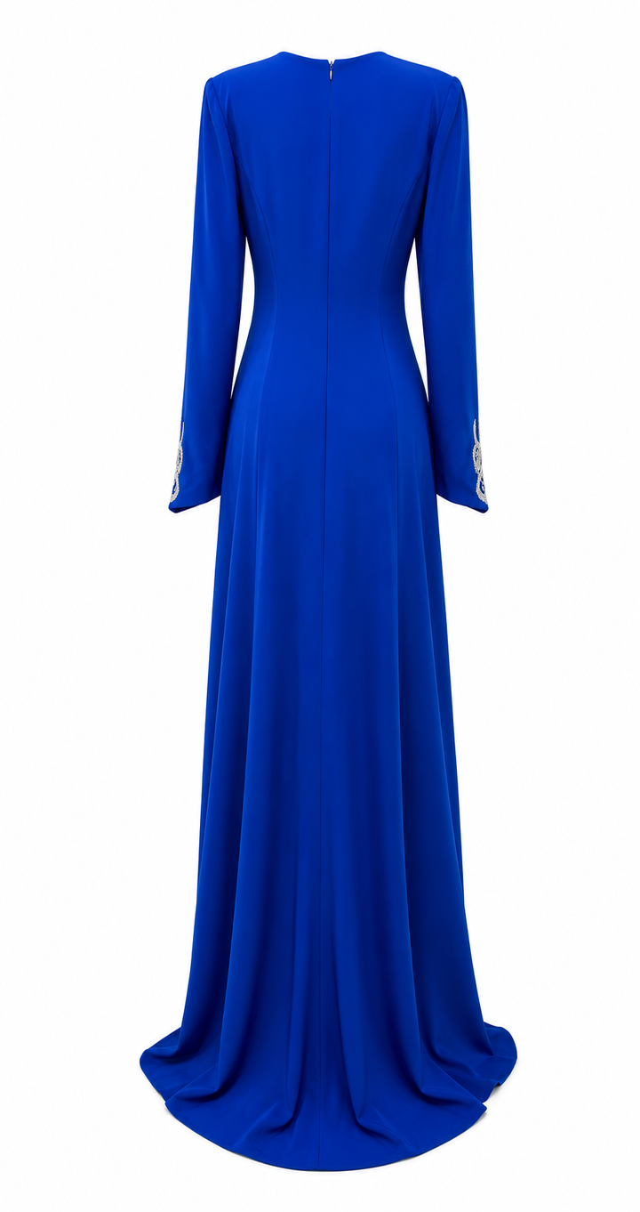 long-sleeve V-neck evening gown with crystal leaf embroidery – SAPPHIRA