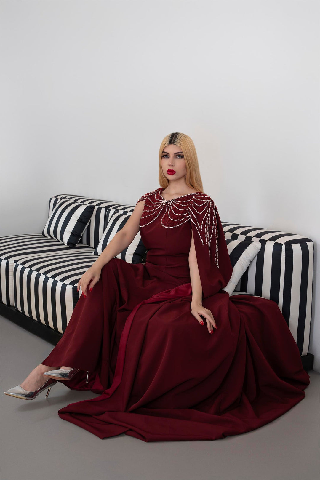 Sleeveless A-Line Gown with Pearl-Embellished Cape -ODD- RUBY