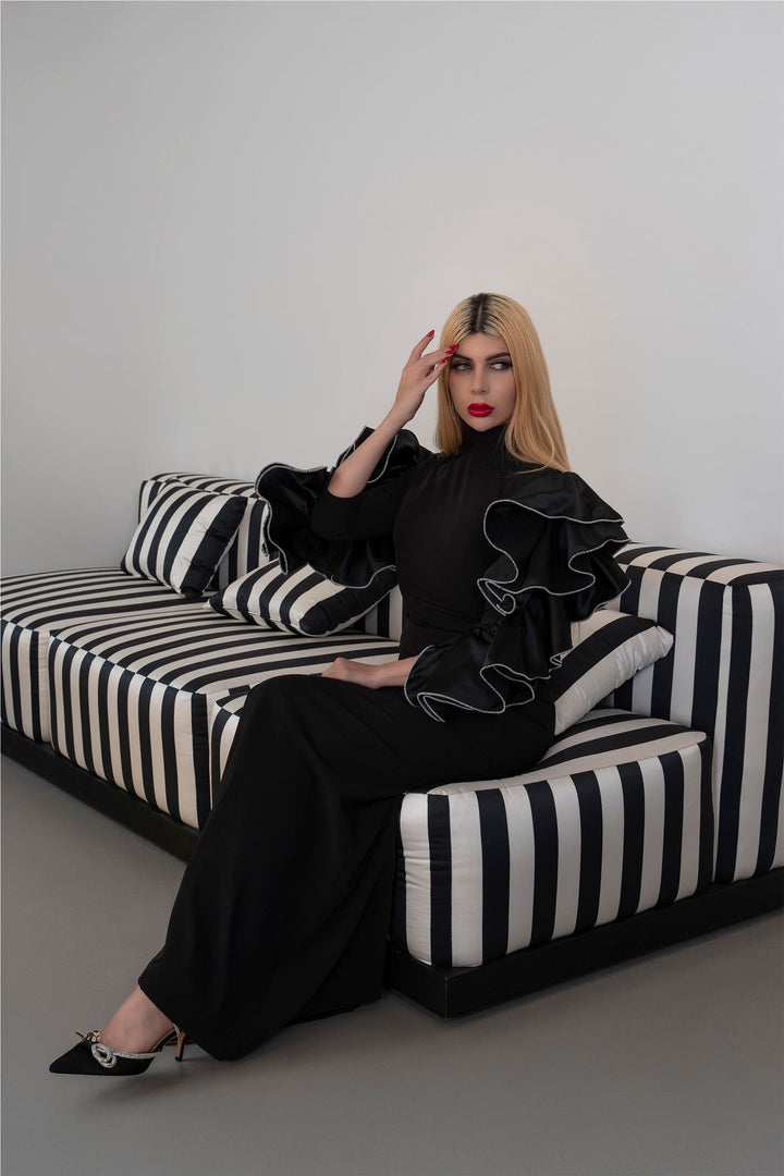 High-Neck Column Dress with Ruffled Statement Sleeves -ODD-ONYX