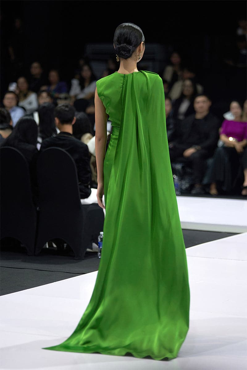 asymmetric shoulder gown with satin waistband – DUSK