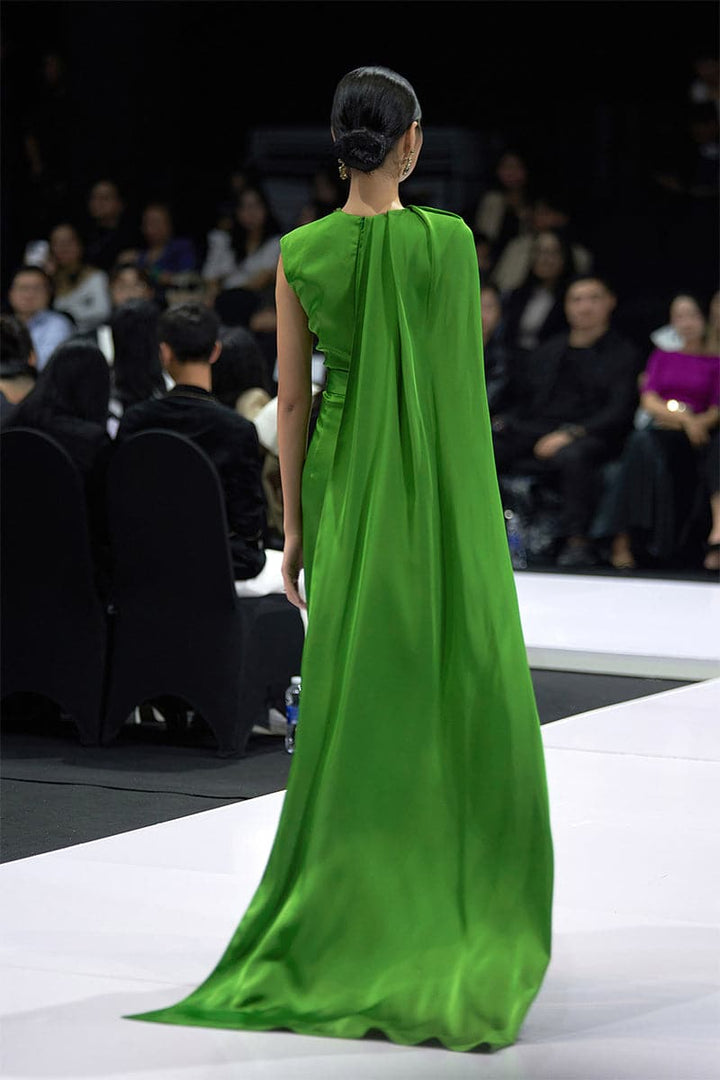 asymmetric shoulder gown with satin waistband – DUSK