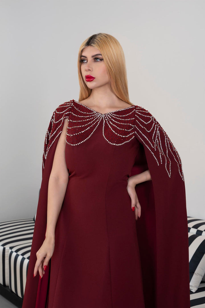 Sleeveless A-Line Gown with Pearl-Embellished Cape -ODD- RUBY