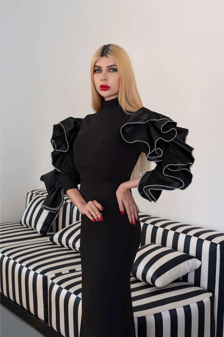 High-Neck Column Dress with Ruffled Statement Sleeves -ODD-ONYX
