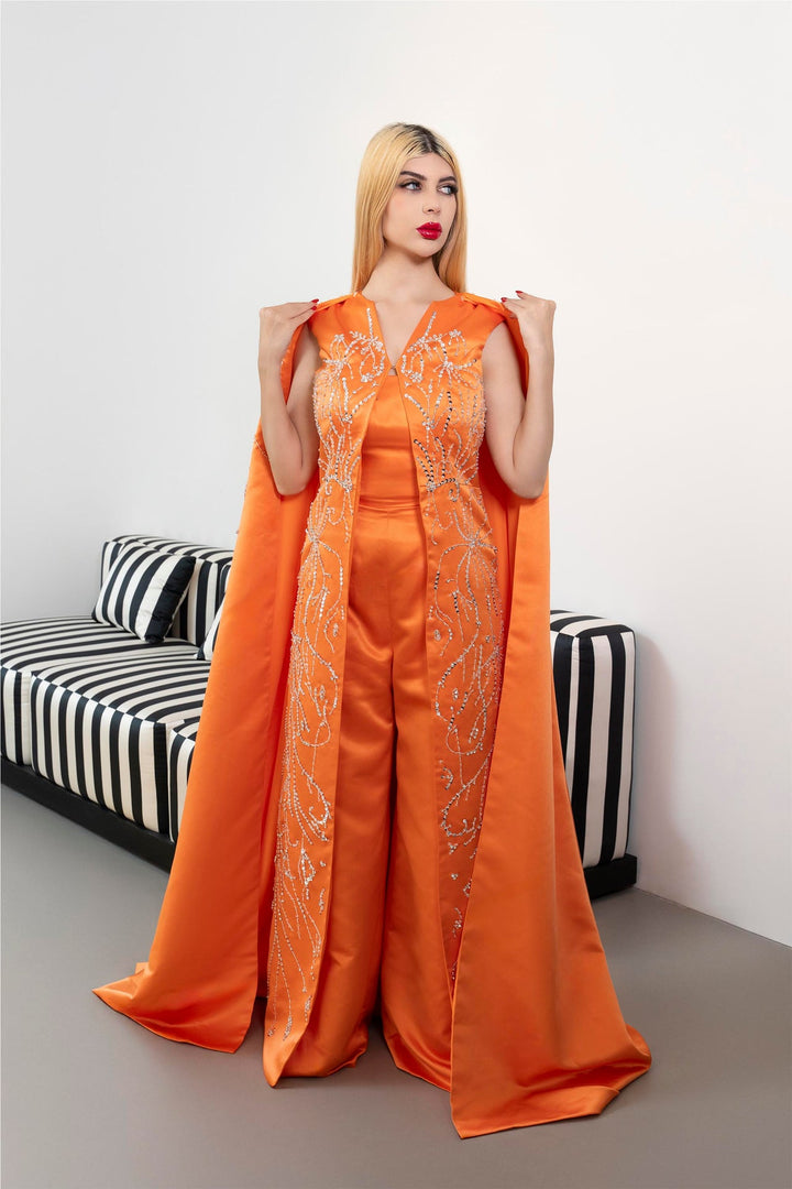 Sleeveless Embellished Jumpsuit with Satin Cape - ODD-SUNSET