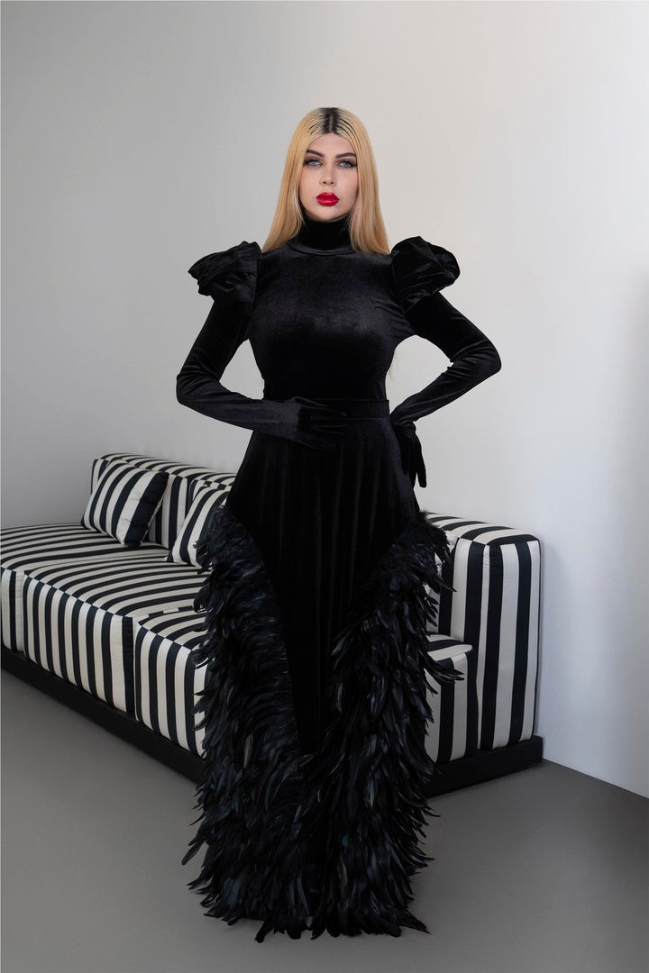 Long sleeve velvet dress with puffed shoulders and fathered skirt -ODD- ISLA
