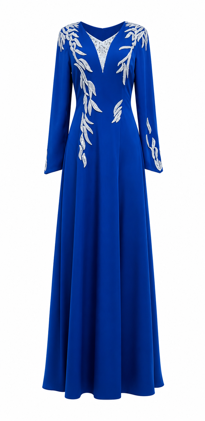 long-sleeve V-neck evening gown with crystal leaf embroidery – SAPPHIRA
