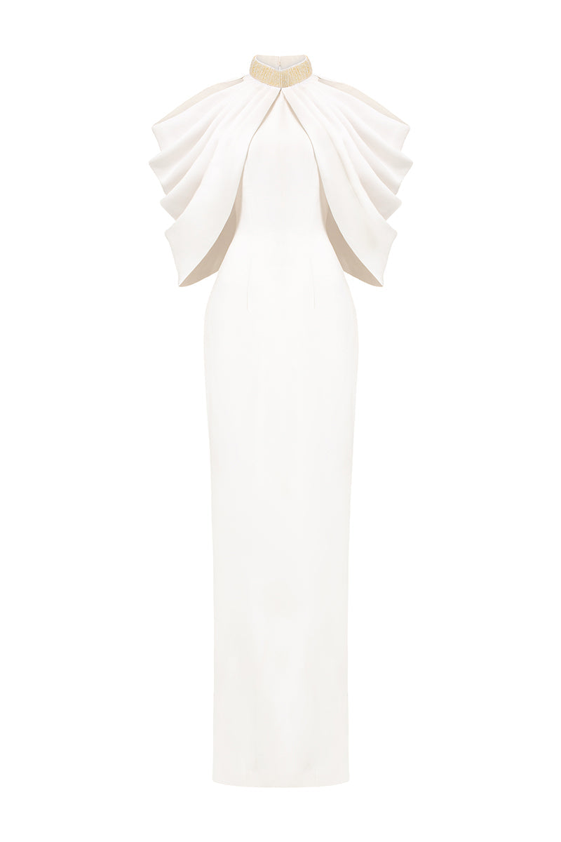 halter column gown with sculpted layered cape – AURELIA