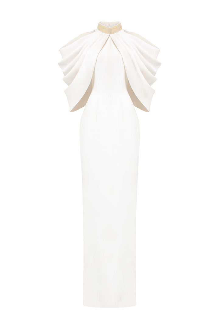 halter column gown with sculpted layered cape – AURELIA