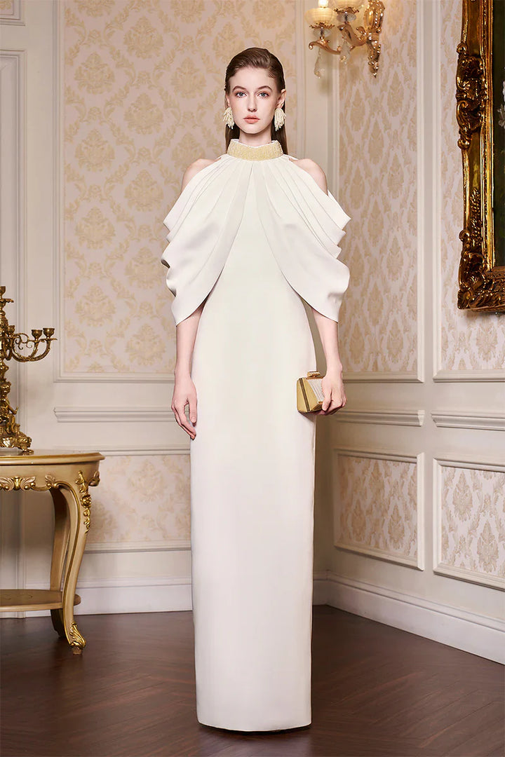 halter column gown with sculpted layered cape – AURELIA