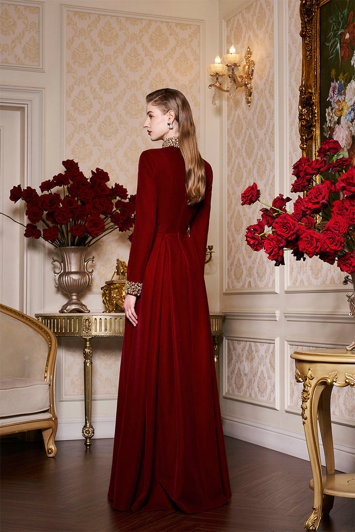 high-neck velvet gown with embellished cuffs – ROYALE