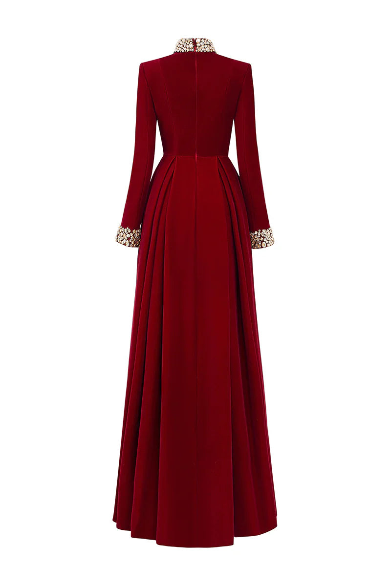 high-neck velvet gown with embellished cuffs – ROYALE