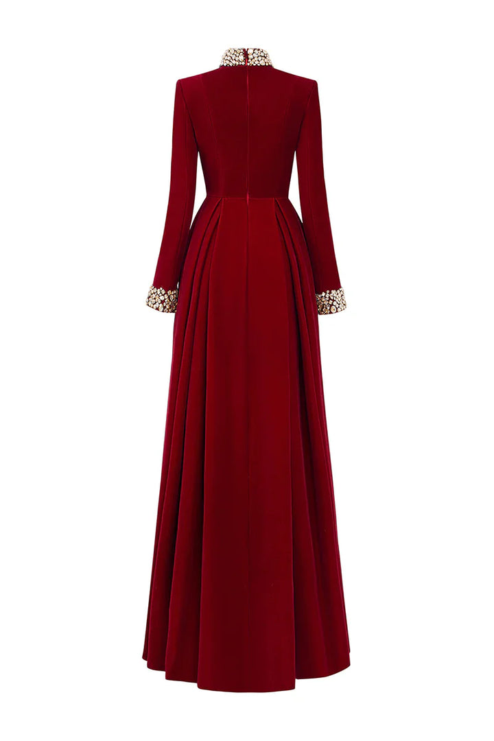 high-neck velvet gown with embellished cuffs – ROYALE
