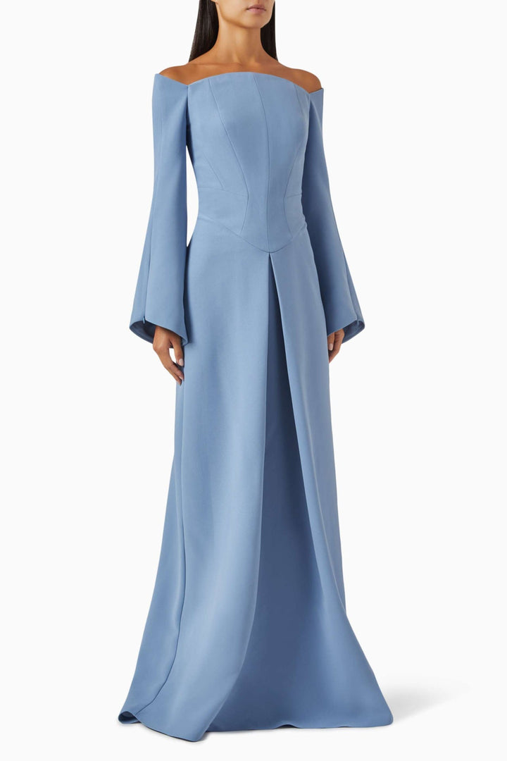 off-shoulder gown with flared sleeves – ODD- MERLOT