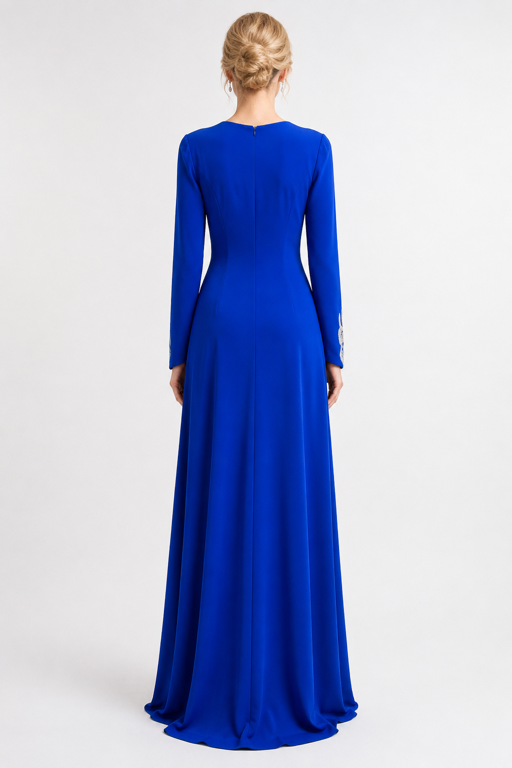 long-sleeve V-neck evening gown with crystal leaf embroidery – SAPPHIRA