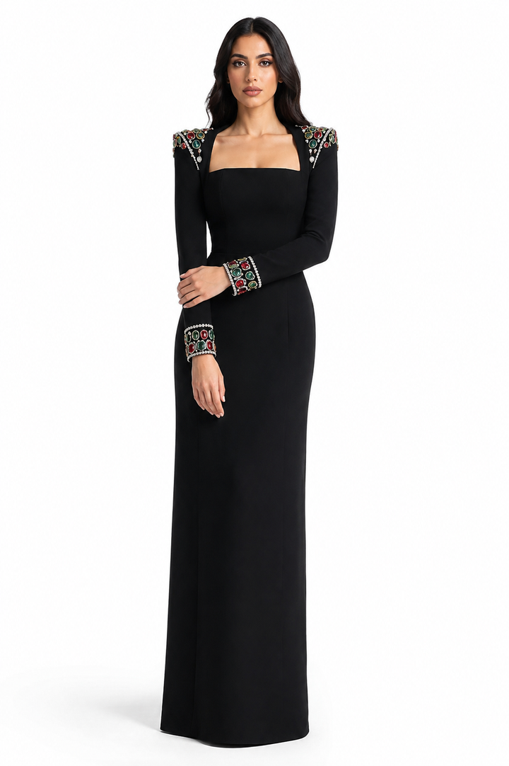 long-sleeve column gown with embellished shoulders – ARISTELLA