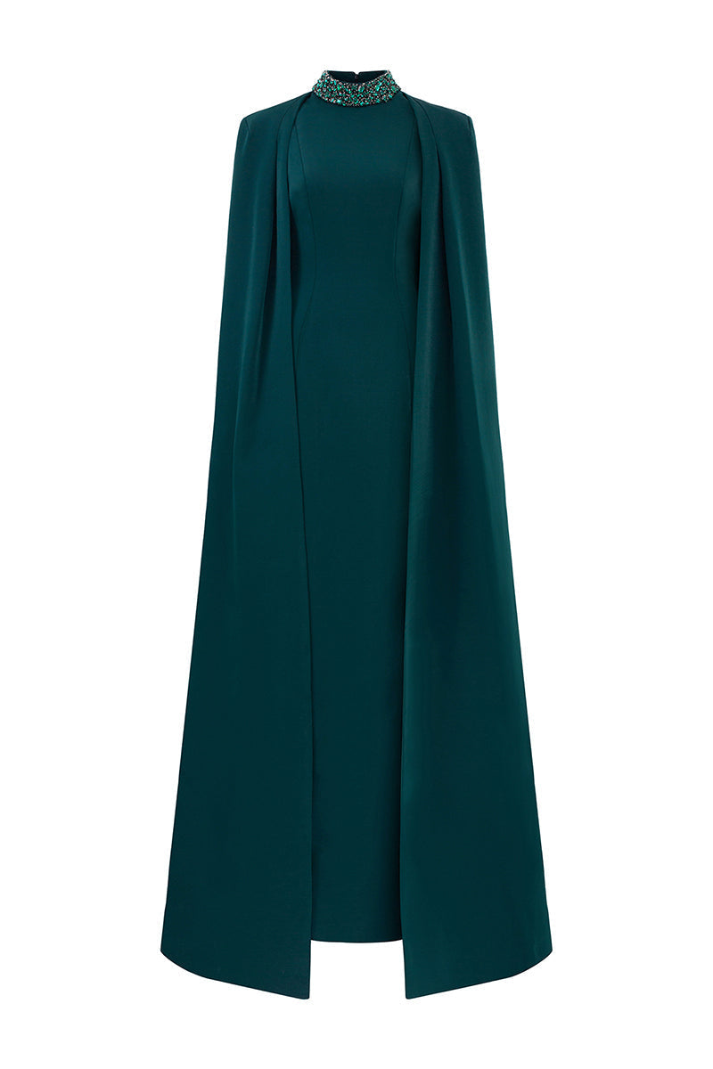 high-neck cape gown with beaded collar – ALLUREE