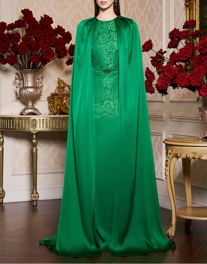 lace-embellished gown with satin cape – NAYZZK