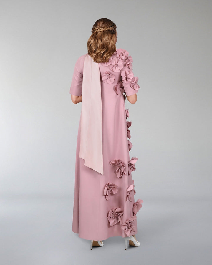 Flowered column dress with satin strips - ODD- ZOISH