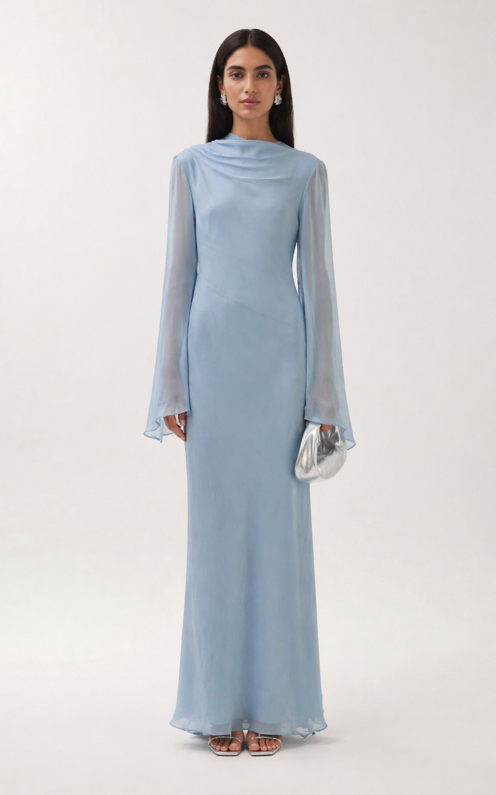 sheer sleeve column dress with draped neckline – SKY