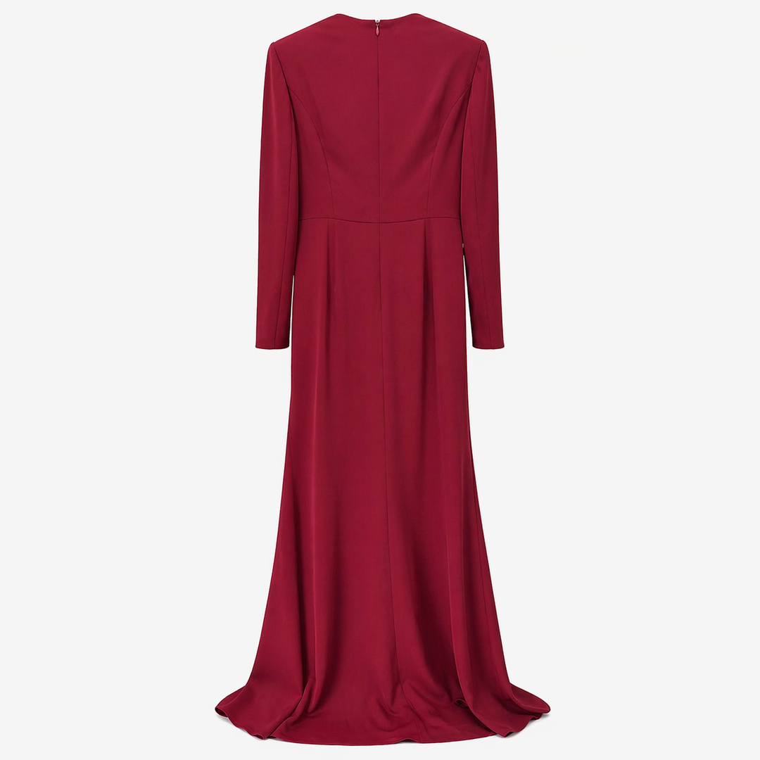 Red Ruched Mermaid Maxi Dress with Deep V Neck - RUBELLA