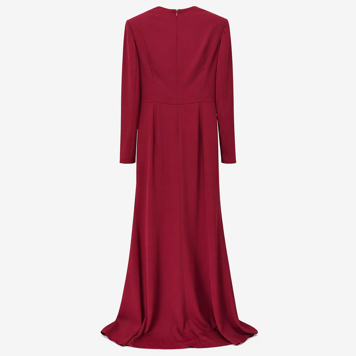 Red Ruched Mermaid Maxi Dress with Deep V Neck - RUBELLA