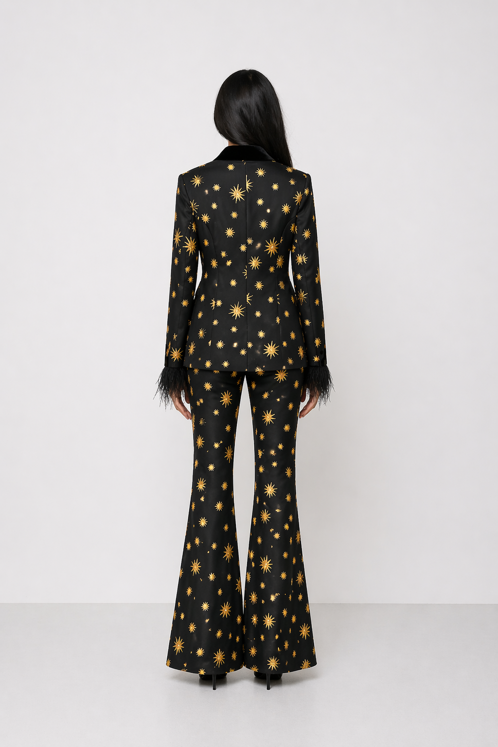 Black Star Print Blazer and Pants Set with Feather Cuffs - ASTORIA