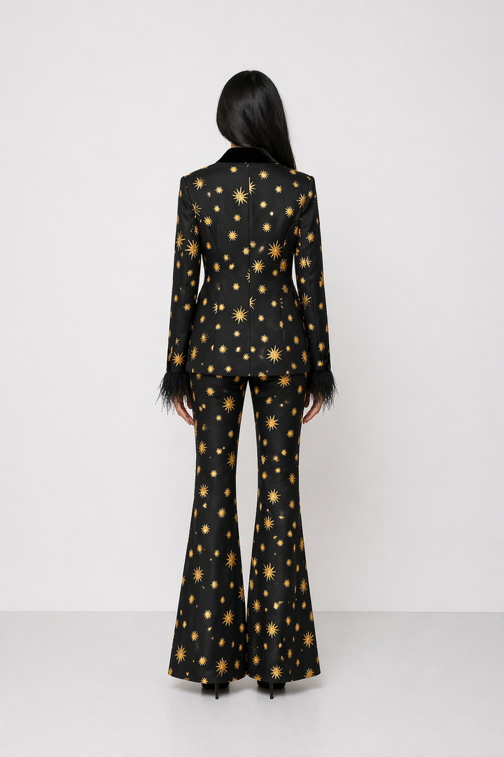 Black Star Print Blazer and Pants Set with Feather Cuffs - ASTORIA