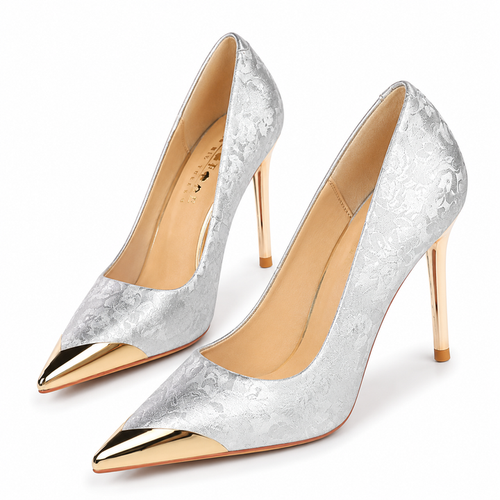 Golden Floral Jacquard Pointed Toe Stiletto Heels – AURÉLIA