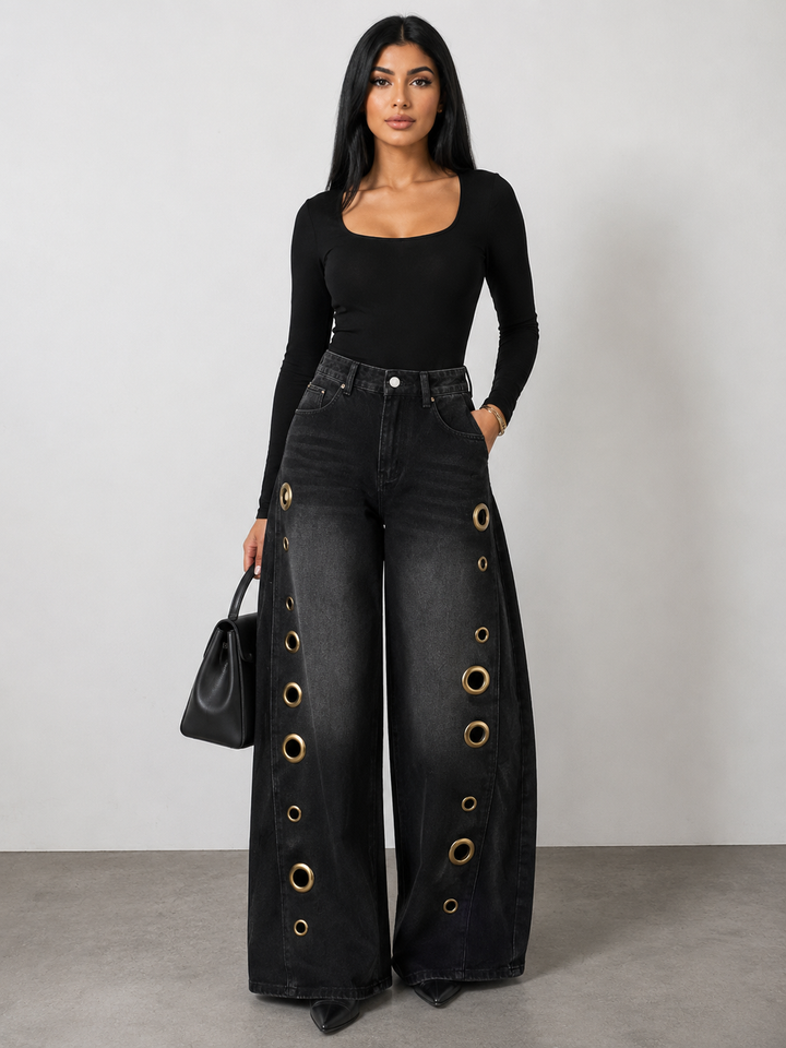 Wide Leg Eyelet Denim Jeans - Chicx