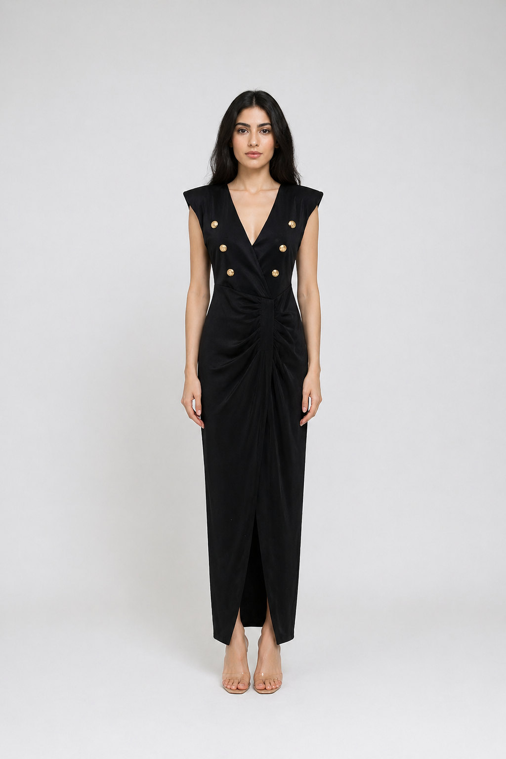 Black Double-Breasted Draped Midi Dress - NOIRÉA