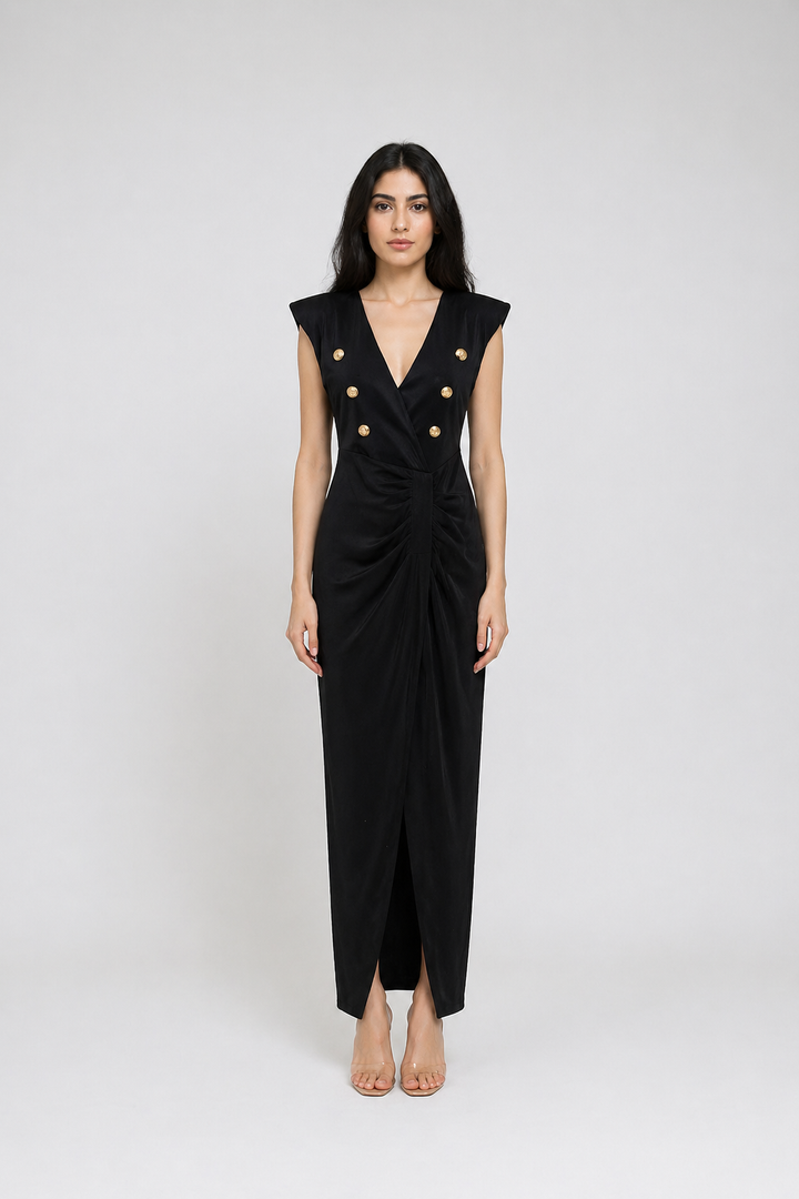 Black Double-Breasted Draped Midi Dress - NOIRÉA