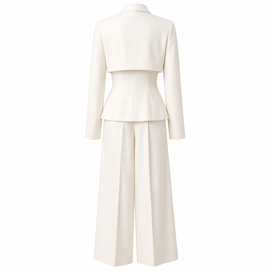 White Tailored Blazer and Wide-Leg Pants Set with Layered Detail - AURELIA