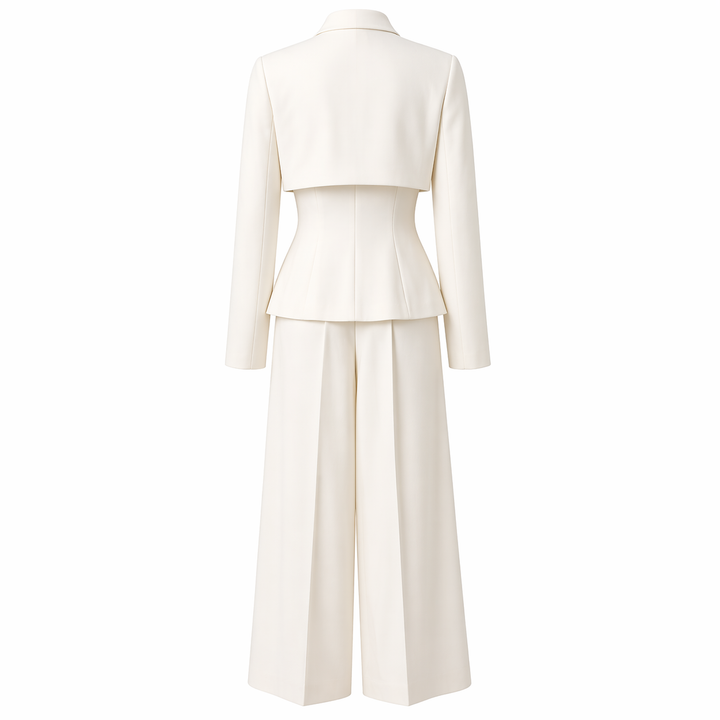 White Tailored Blazer and Wide-Leg Pants Set with Layered Detail - AURELIA