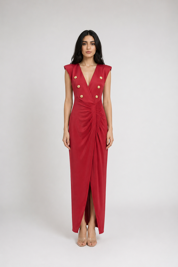 Black Double-Breasted Draped Midi Dress - NOIRÉA