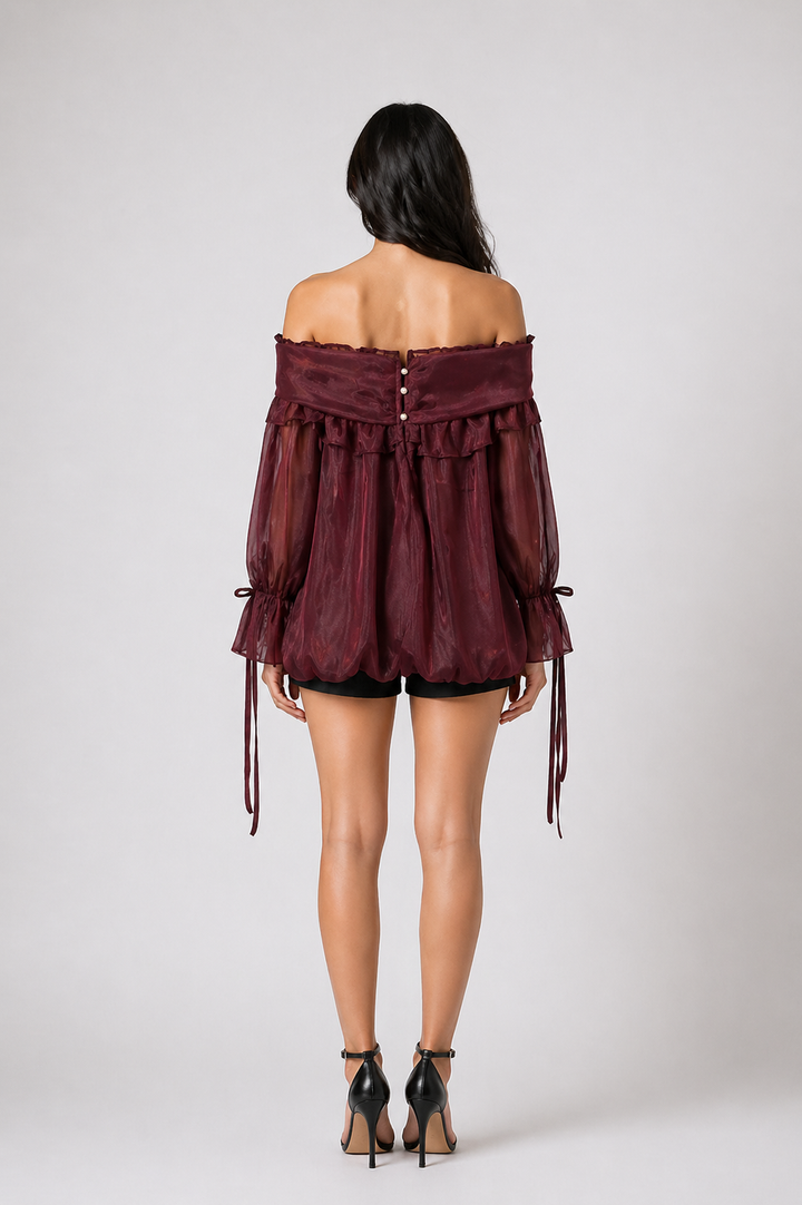 Burgundy Sheer Off-Shoulder Ruffle Blouse – ELVIRES