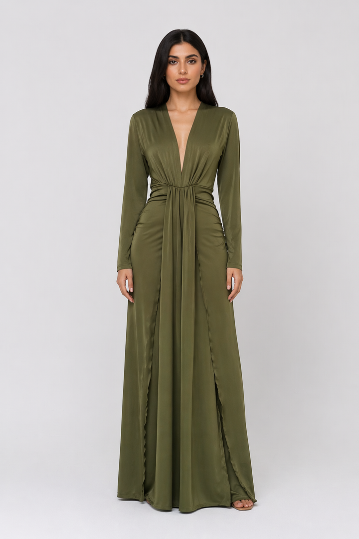 Olive Green Ruched Maxi Dress with Deep V Neck - ZELORA