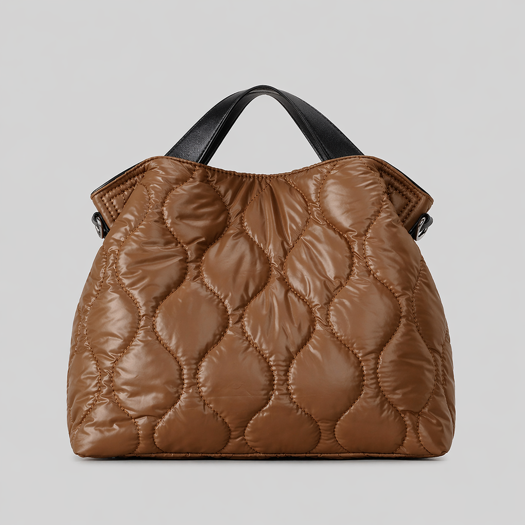 Black Quilted Puffer Shoulder Tote Bag with Top Handle - VARENA
