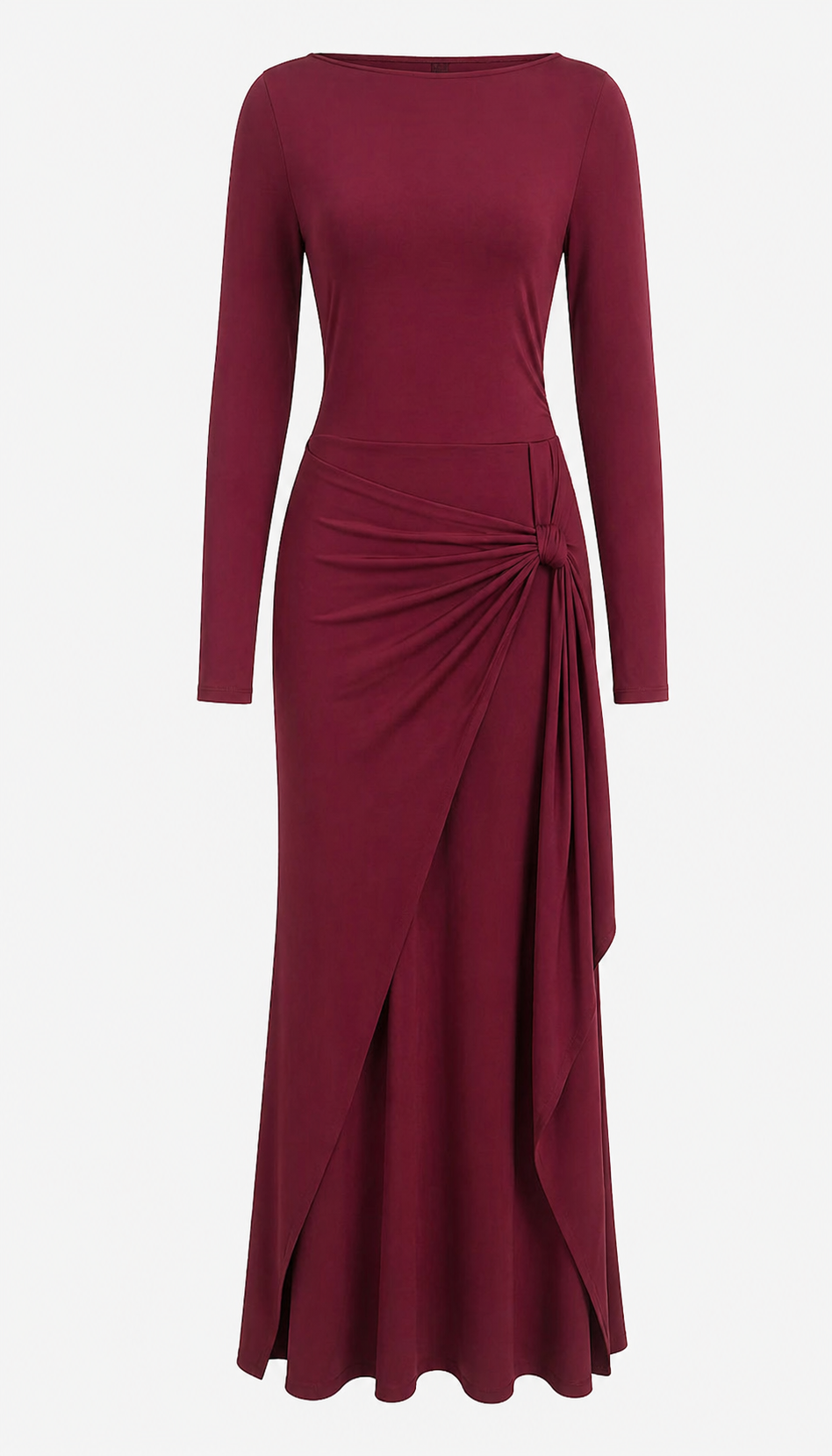 Burgundy Draped Knot Maxi Dress-VELORA