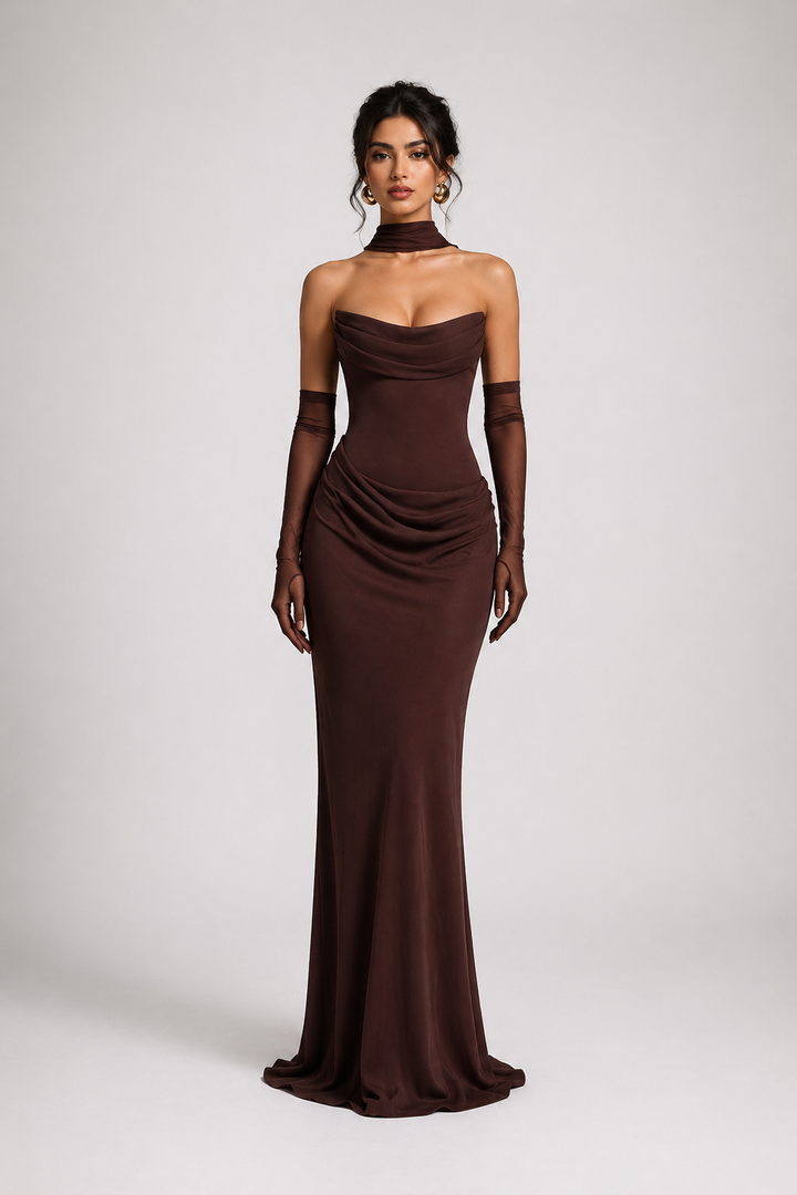 White Draped Corset Maxi Dress with Scarf Detail - ÉLORIA
