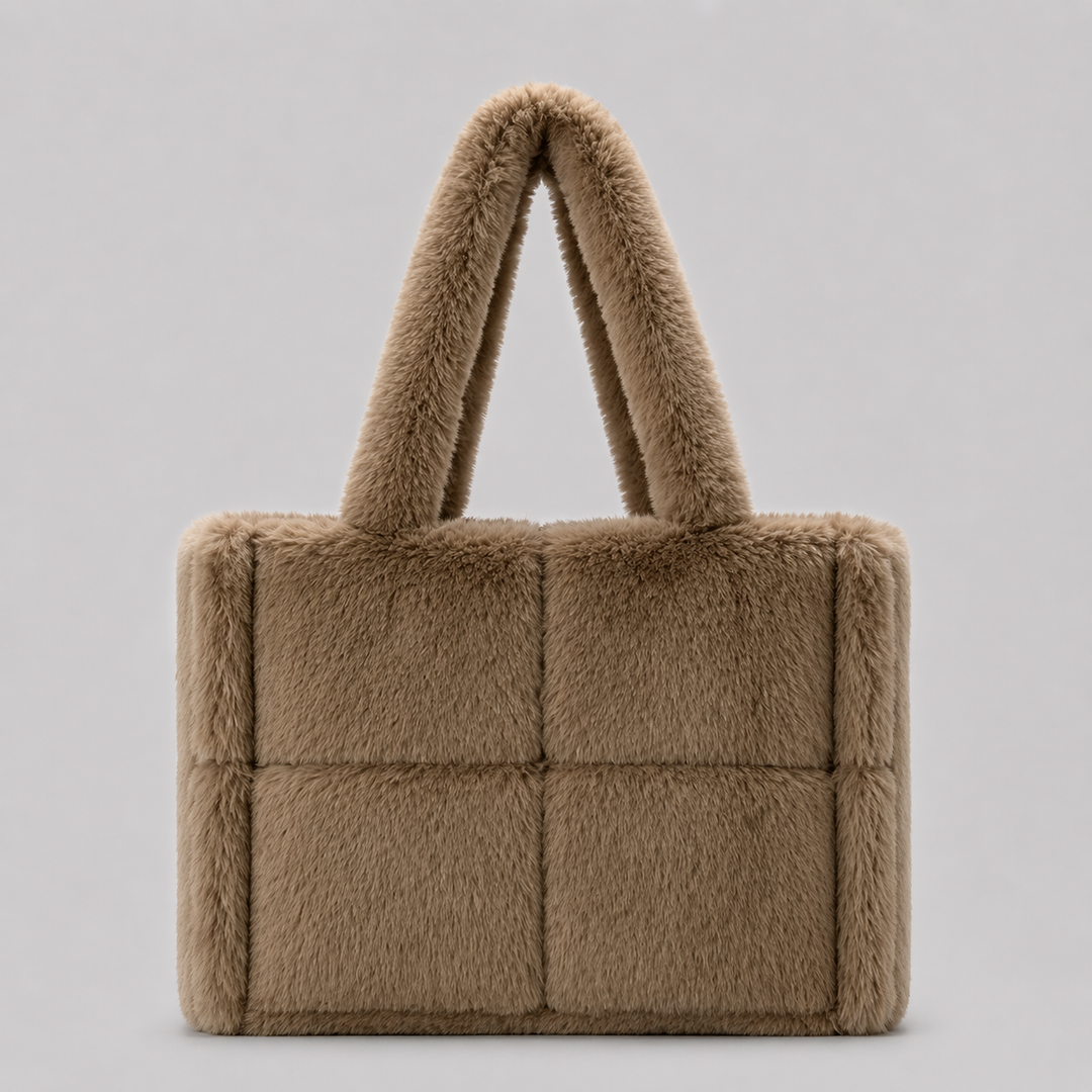 Beige Faux Fur Shoulder Tote Bag with Pom Pom Charm - AURORA