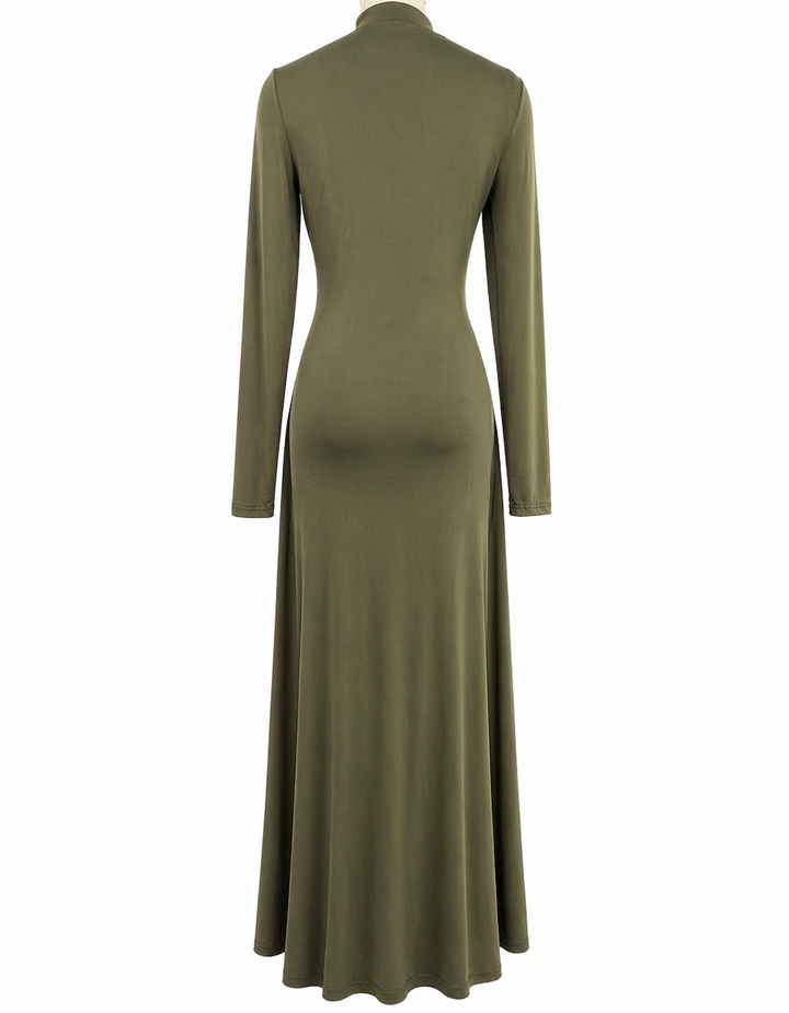 Olive Green Ruched Maxi Dress with Deep V Neck - ZELORA