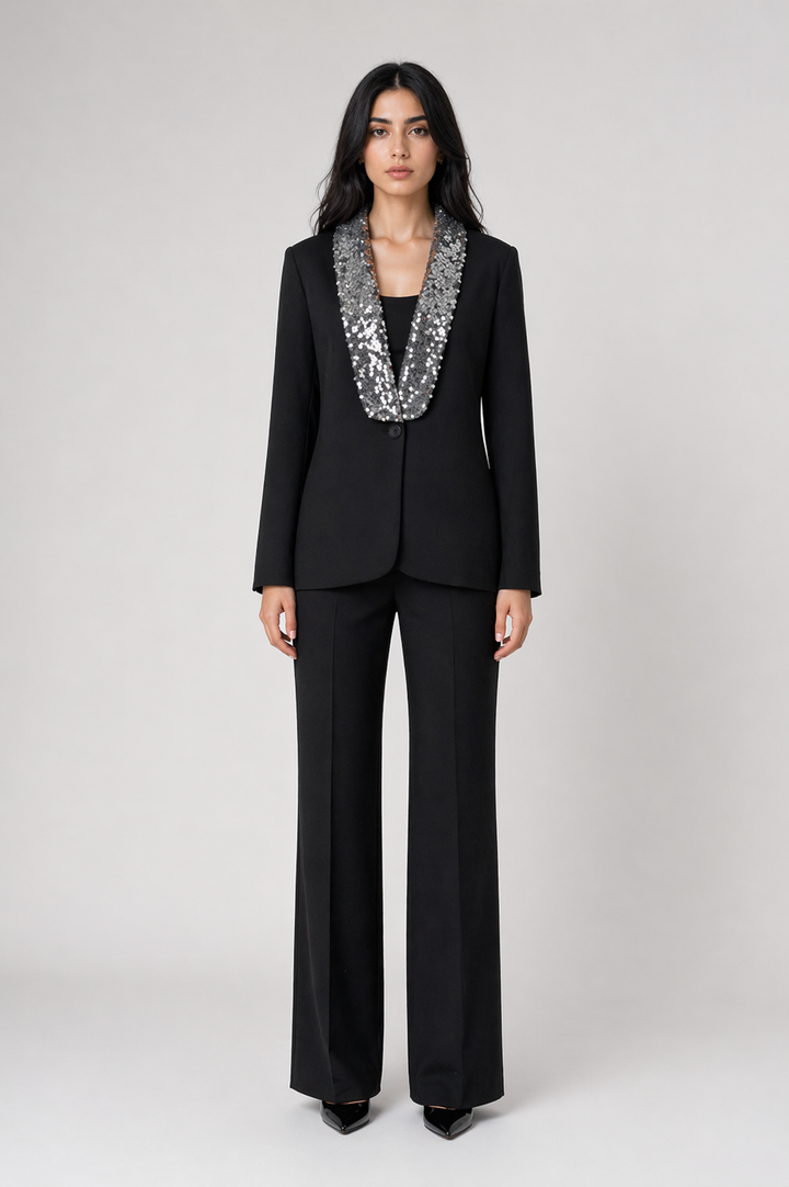 Black Blazer with Sequin Shawl Collar - LUXARA
