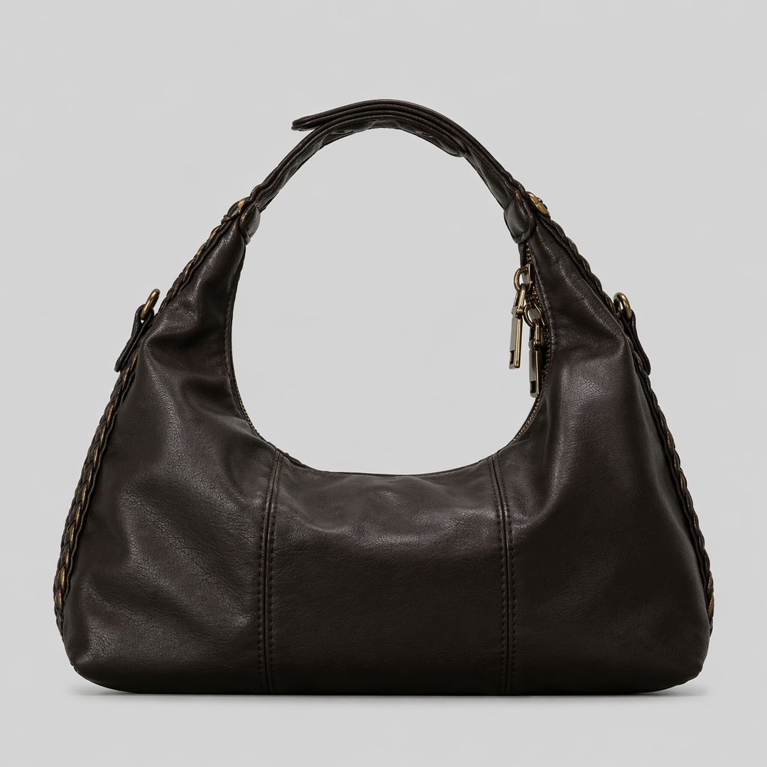 Black Leather Hobo Shoulder Bag with Braided Strap Detail - NOIRVA