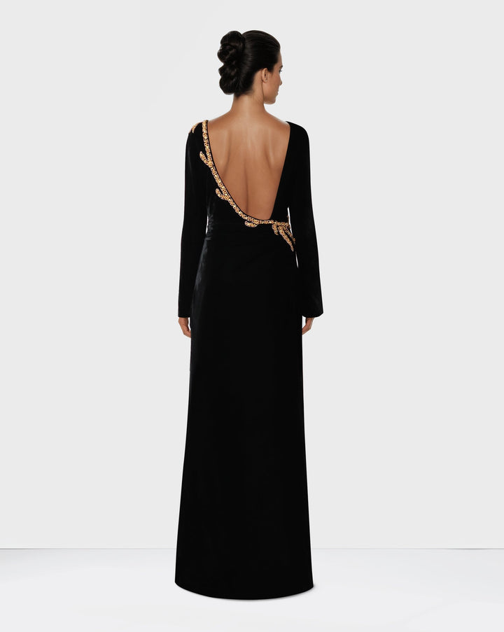 Long sleeve black velvet column dress with back neckline - ODD-Shevalini