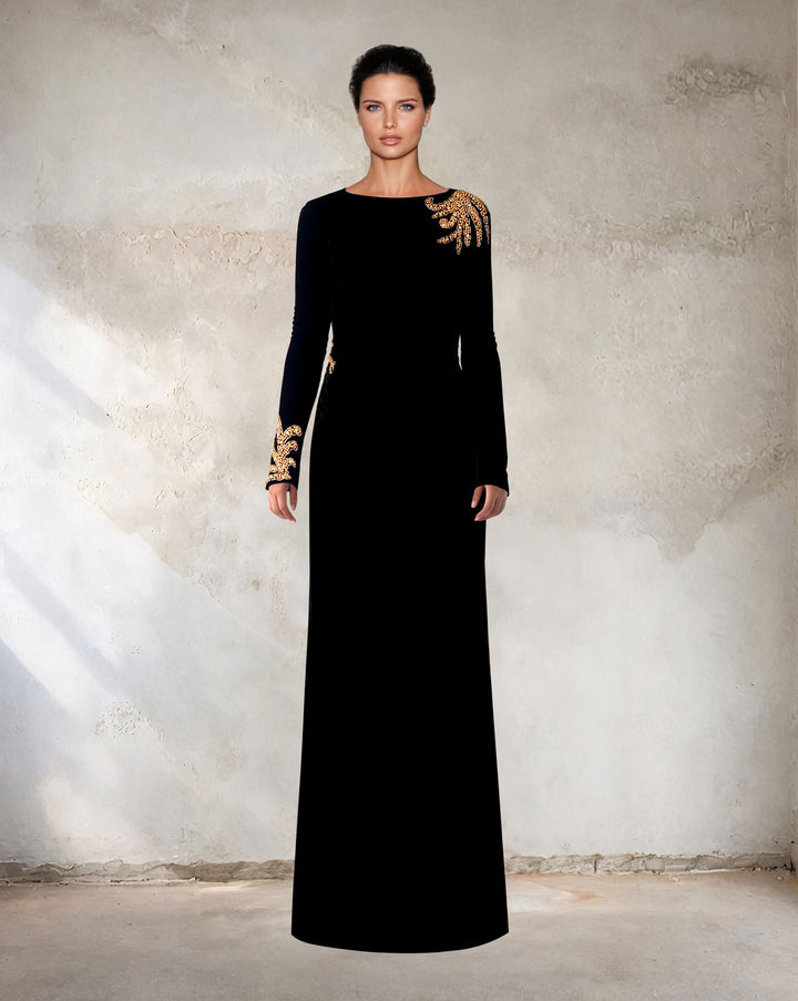 Long sleeve black velvet column dress with back neckline - ODD-Shevalini