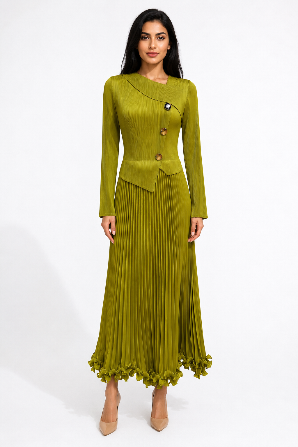 Pleated Button Detail Maxi Dress - Mocha