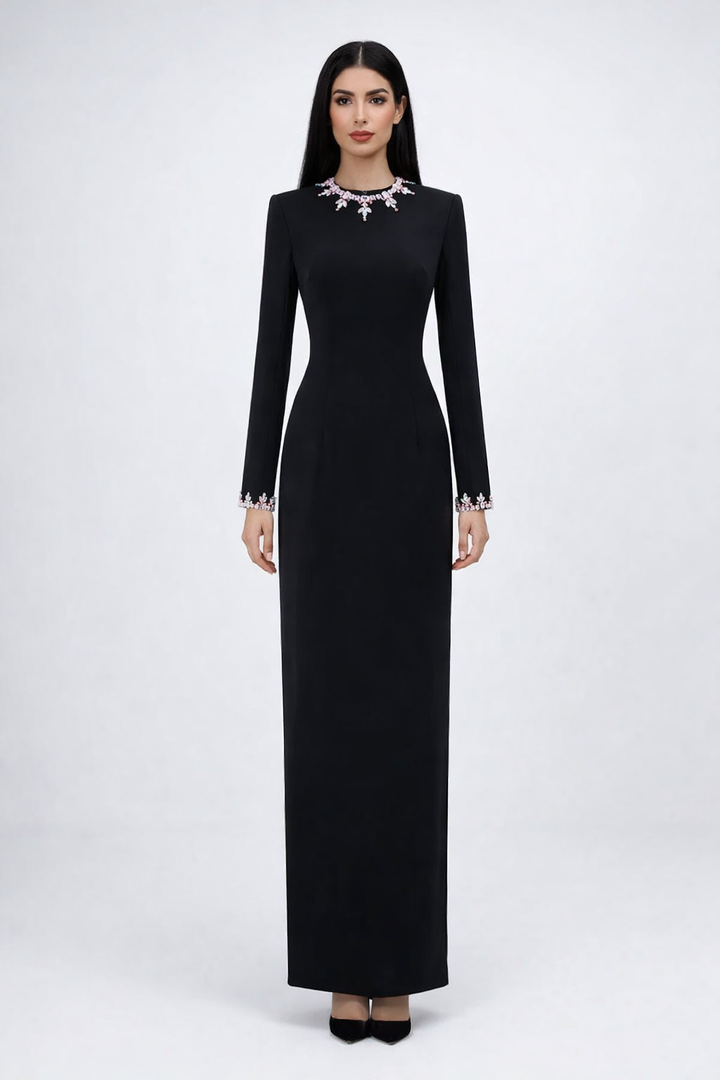 long sleeve column maxi dress with crystal neckline detail – NOIRÉ